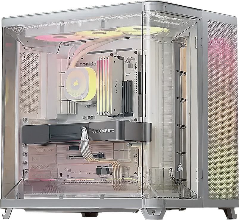 Une workstation DAW moderne : refroidissement liquide, flux d'air maîtrisé et silence de fonctionnement. Boitier CORSAIR AIR 5400 RS-R ARGB Boîtier PC Triple Chambre Moyen-Tour – Blanc