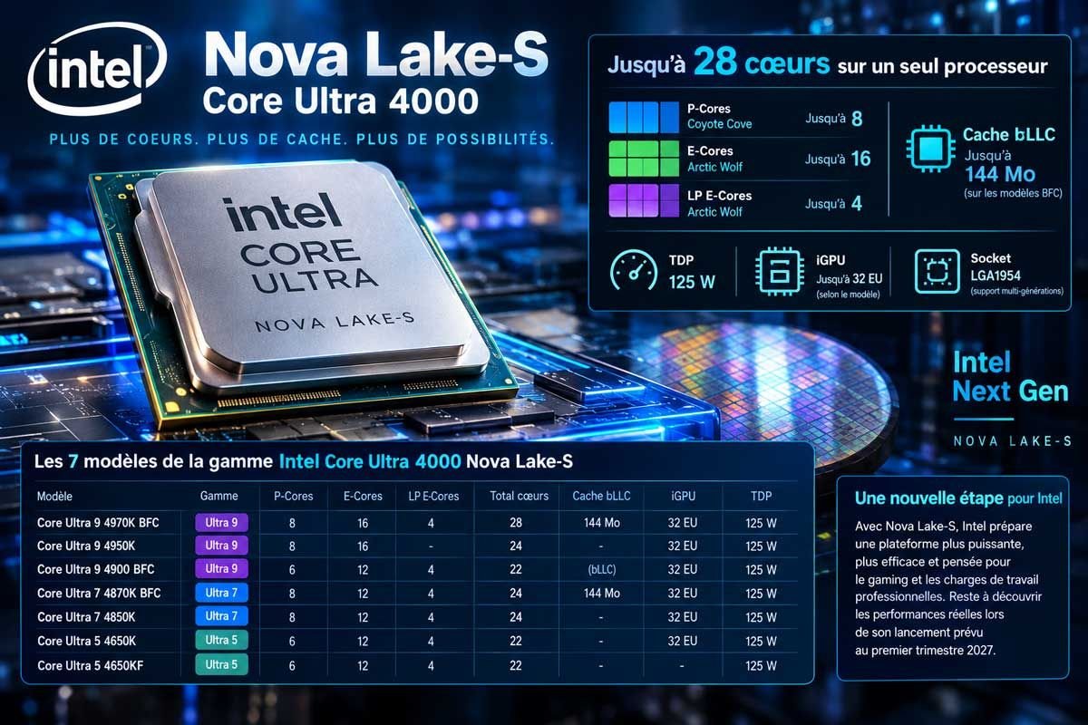 Puis fin 2027 passer à la version phare à 52 cœurs (16 P-cores, 32 E-cores, 4 LP-E cores) avec jusqu'à 288 Mo de cache entre la fin du 2e et le 3e trimestre 2027.