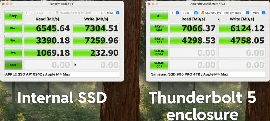 SSD interne vs boîtier Thunderbolt 5 : les débits mesurés sont désormais du même ordre