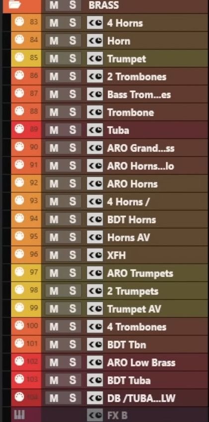 Dossier CUIVRES : cors, trompettes, trombones et tubas regroupés sous une même couleur