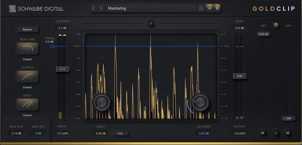 Clipping de mastering contrôlé : quelques dixièmes de dB de crête écrêtés avant le limiteur, pour préserver la dynamique perçue